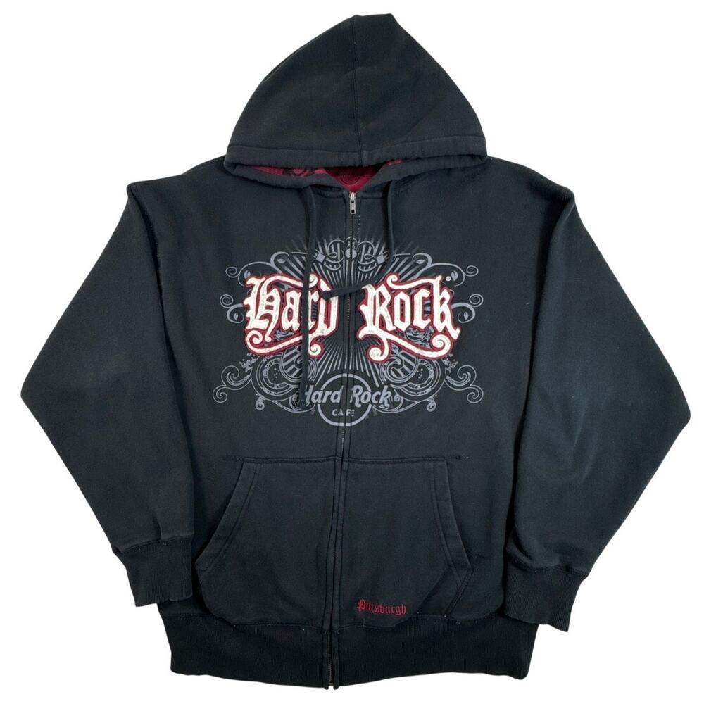 Hard Rock Cafe Pittsburgh Hoodie Mens L Black Full Zip Y2K Applique Graphic